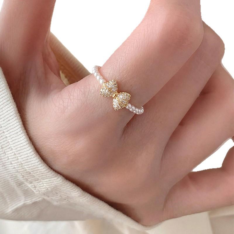 18k Gold Plated Zirconia Bow & Pearl Open Ring - Elegant Luxury Jewelry for Women
