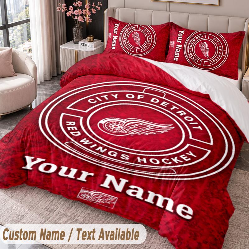 Detroit Red Wings Printed Bedding Set Custom Name Text 1 Duvet Cover 2 Pillowcases For Bedroom