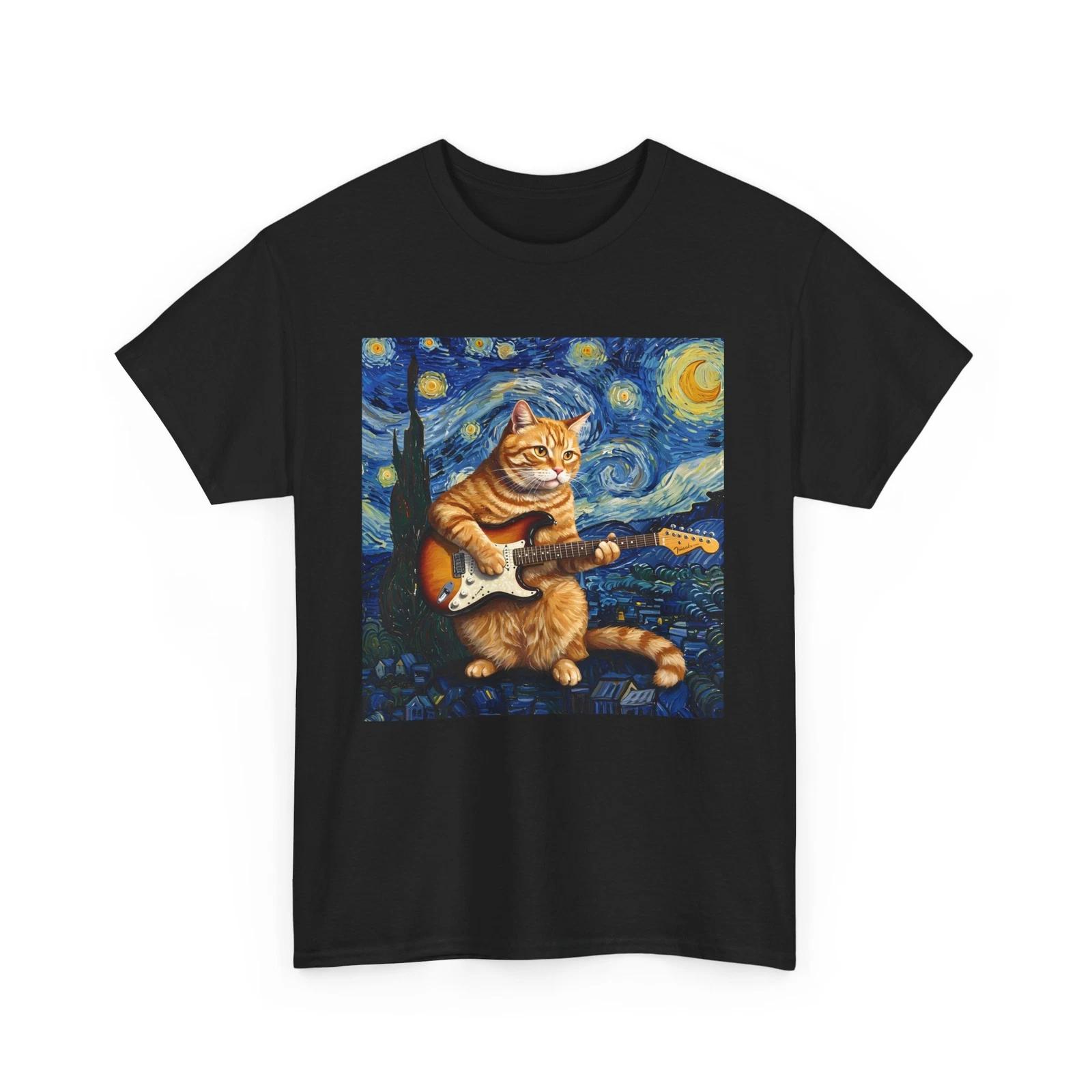 Starry Night CAT PLAYING GUITAR T-Shirt | Artistic Vincent Van Gogh Aesthetic 4XL