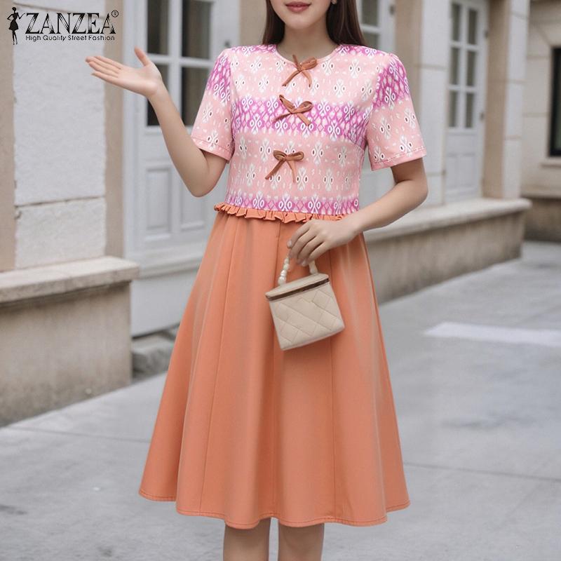 ZANZEA Women Casual Round Neck Summer Short Sleeve Print Dress