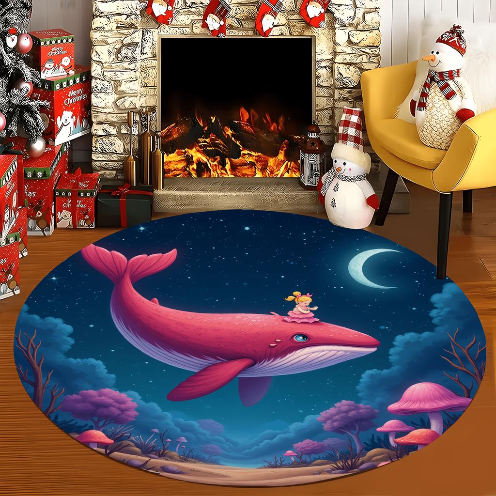 Whale Girl Fantasy Round Rug Dreamy Night Sky Flannel Floor Mat for Kids Bedroom Storybook Theme Magical Non Slip WashableCarpet
