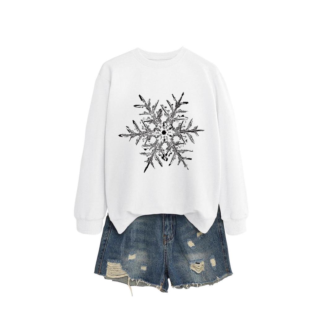 Women's Black & White Snowflake Round Neck Long Sleeve Hoodie - Christmas Casual Fashion for Autumn/Winter.
