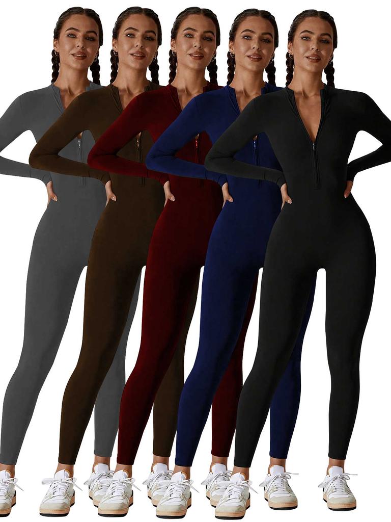 Damen Reißverschluss Langarm Enganliegend Hohe Elastizität Jumpsuit, Sport Yoga Hose, Slim Fit, Bequem und Hautfreundlich.