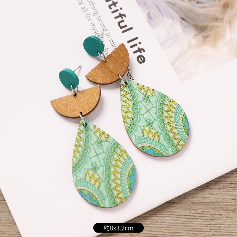 Bohemian Wood Stud Earrings Niche Design Geometric Stripe Print Earrings Femininity Personality Earrings