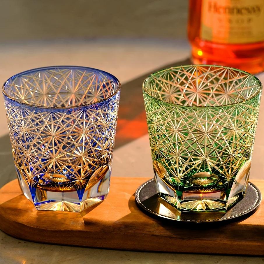 Handcrafted Edo Kiriko 240ml 320 ml Amber Colored Rocks Whiskey Tumbler Cocktail Glass for Home Bar Decor