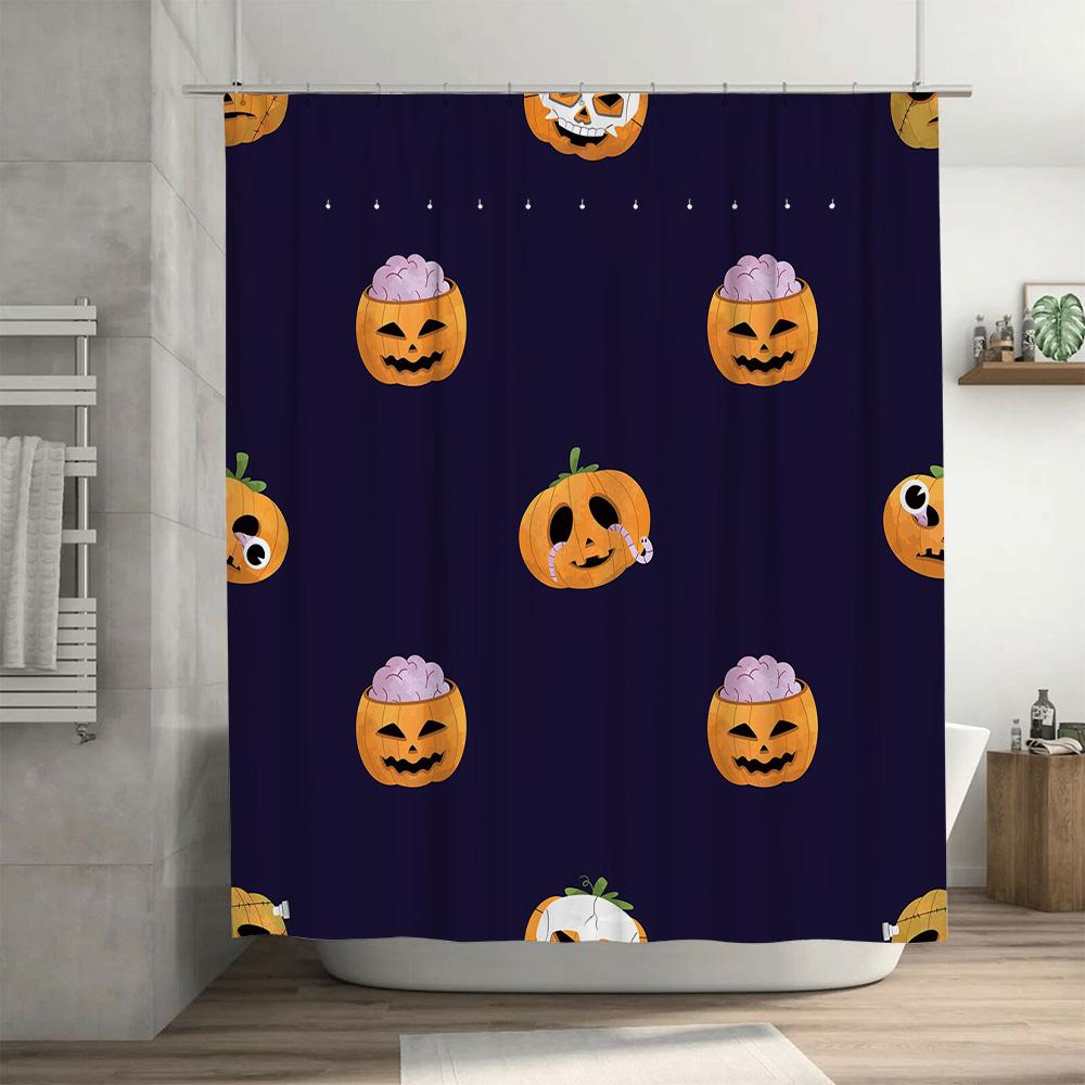 Halloween-themed Shower Curtain with Pumpkin Designs for Home Decor In Purple Color Waterproof Fabric Washable Bathroom Curtains