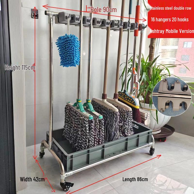 Movable Stainless Steel Mop & Broom Hanger - Floor-Standing Punch-Free Storage Rack for Balcony & Bathroom