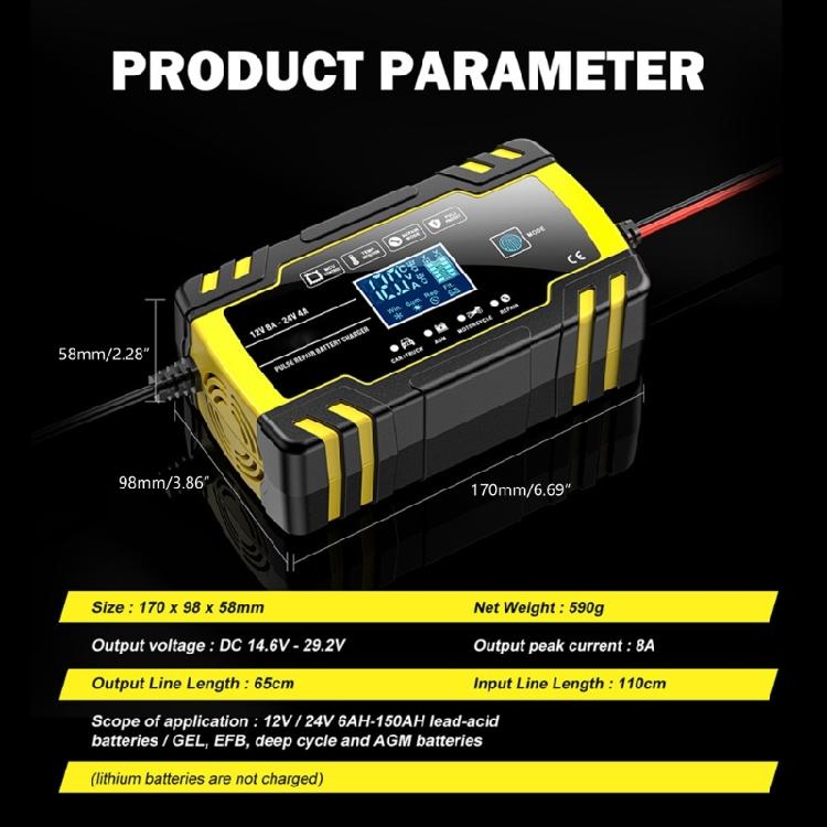 12V 24V Car Motorbike Battery Chargers AGM Lead-Acid Automatic Repair Device