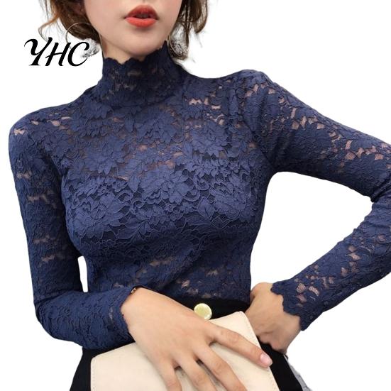 Blouse Half High Collar Long Sleeves See-Through Autumn Top Slim Lace Crochet Patchwork Hollow Tee Streetwear