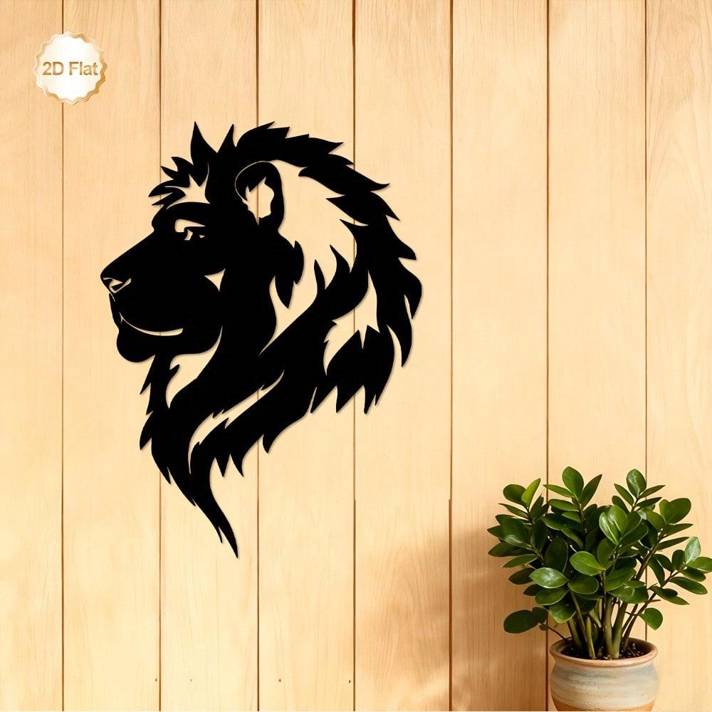 Black Lion Head Silhouette 2D Flat Metal Wall Art, Majestic Iron Sculpture for Home Decor & Gift