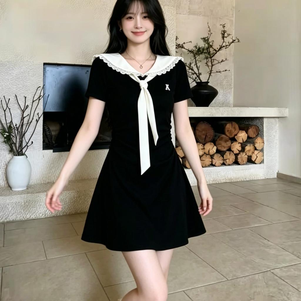 Doll collar lace-up dress for women's summer waist, thin age reduction, college style, girlish feeling, daily versatile short skirt