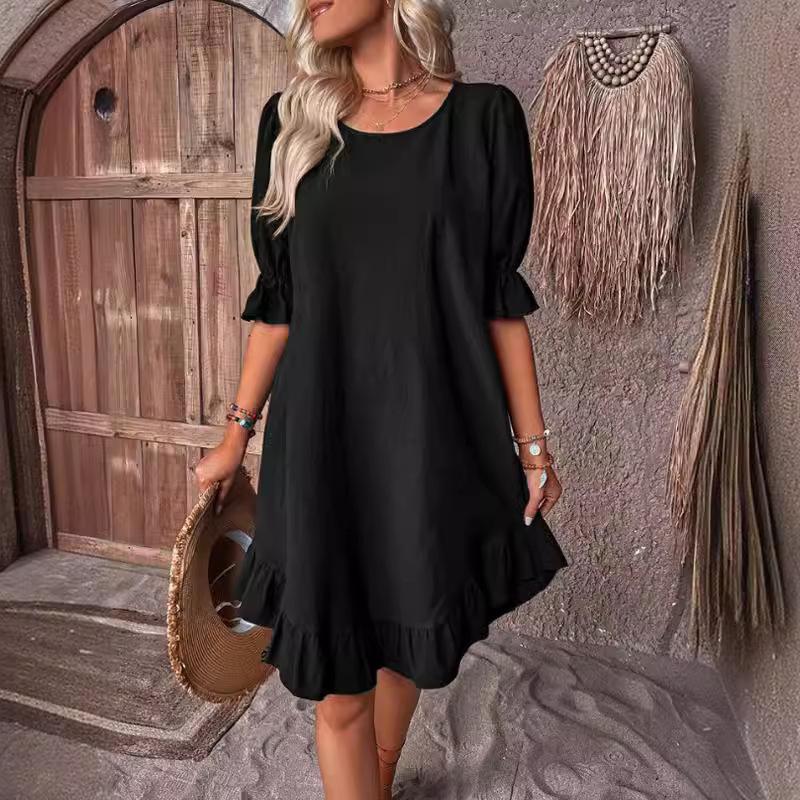 SCIONE New Women's Clothes Retro Cotton Half Sleeve Round Neck Pleated Stitching Solid Color Loose Swing Dress