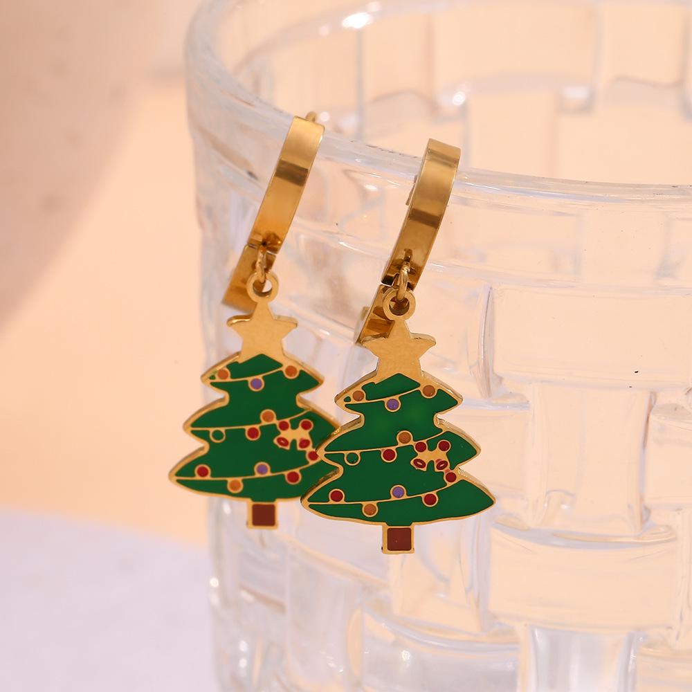 18K Gold Plated Christmas Tree Drip Oil Earrings - Cute Cartoon Design, European & American Fashion.