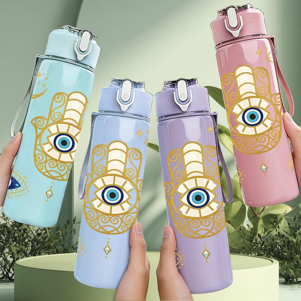 1PC Evil Eye Hand Amulet Art Print 750ml Color Plastic Sports Water Bottle Leakproof Flip Straw Lid Suitable for Sports Office Home Use