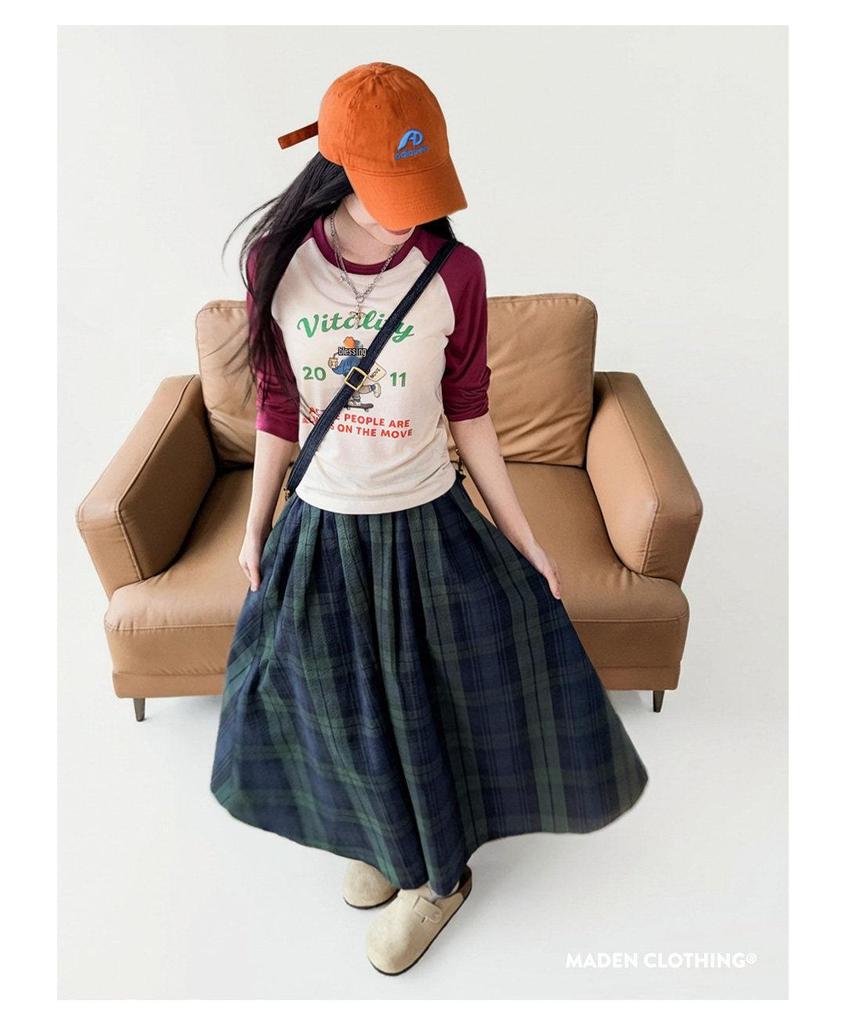 Maden Retro Cotton Gauze Plaid Maxi Skirt: Elastic Waist, Textured A-line Umbrella Design for Women