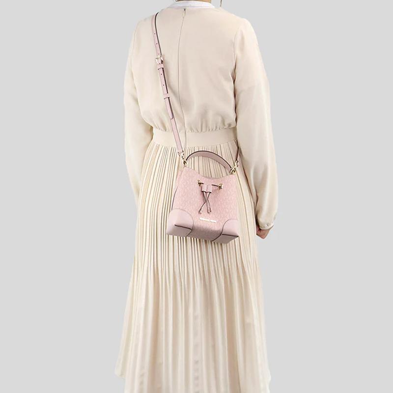 Michael Kors MK Mercer Printed Drawstring Coated Canvas And Leather Bucket Bag Women Bags Pink 35F2GM9M1B-DKPWDRBLSH