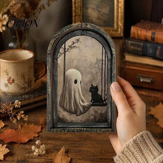Medieval Arched Window Decor Halloween Vintage Arch Wooden Sign, Gothic Spooky Ghost Wall Hanging with Bracket, Rustic Dark Aesthetic Home Ornament