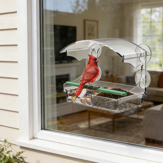 Window Bird Feeder with Suction Cups Detachable Birdseed Tray Clear Acrylic Outdoor Bird Feeder for Wild Small Birds Gardening Gift