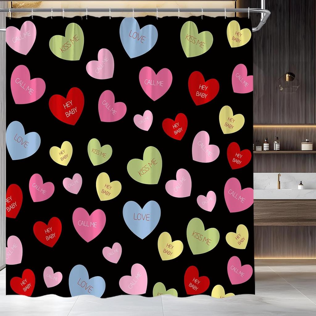 Valentines Shower Curtain Colorful Heart Love Sweet Romantic Couple Valentine's Theme Fabric Bathroom Curtain Set with Hooks
