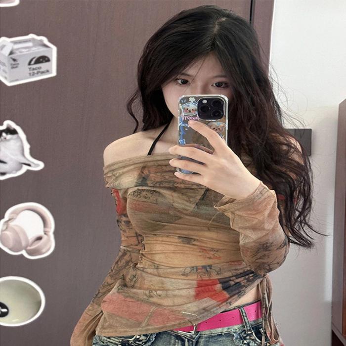 

Официальный топ с кулиской, одноплечевой, с длинным рукавом в стиле граффити - Весенне-осенний стиль S кофейный