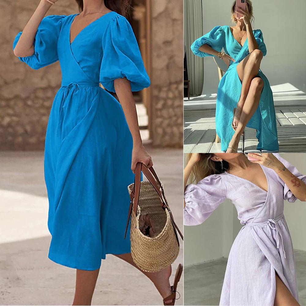 Spring and summer new European and American women's clothing temperament solid color sexy split-ended bubble sleeve lace-up dress