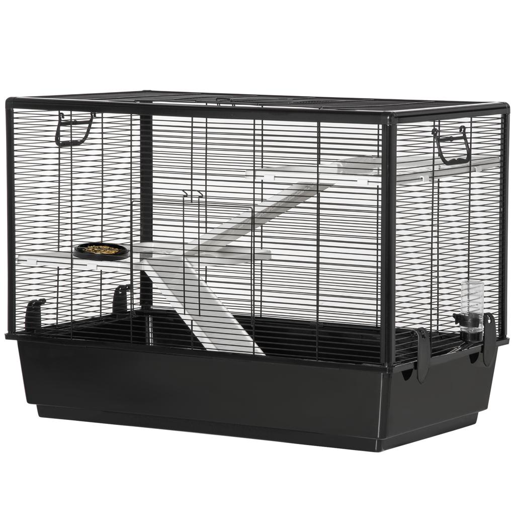 Guinea Pig Cage with Handle, Water Tank, Ramp and Tray, 80x48x58cm, Black