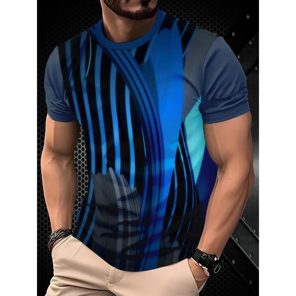 Fashionable Casual Comfortable Breathable Short Sleeved Round Neck T-shirt Summer Large Loose Creative Stripe Geometry 3D Printed Men's T-shirt