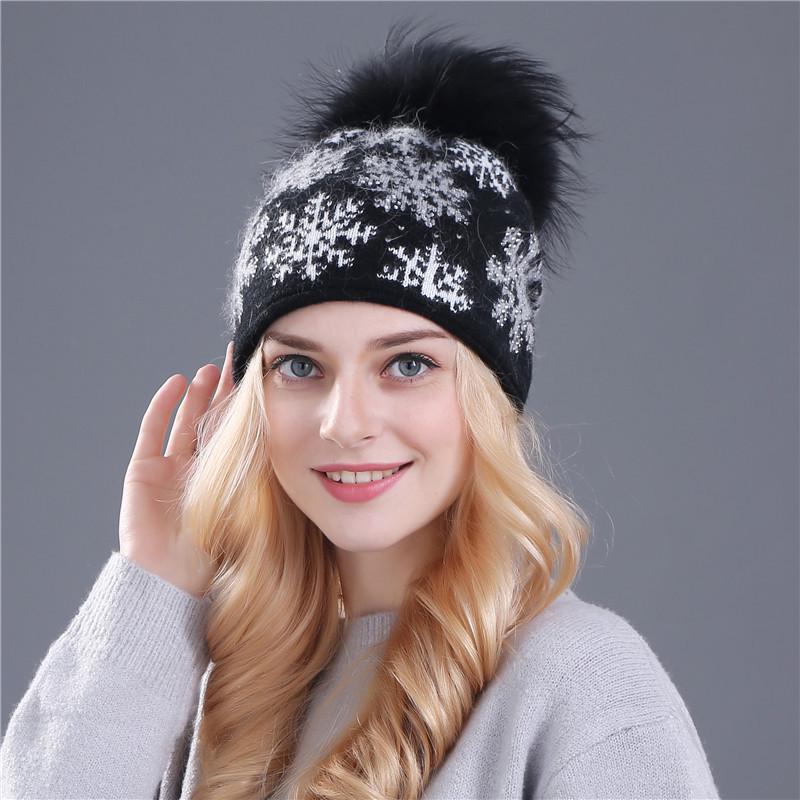 Women's Wool & Rabbit Hair Blend Snowflake Pullover Hat with 15CM Genuine Raccoon Fur Pom Pom