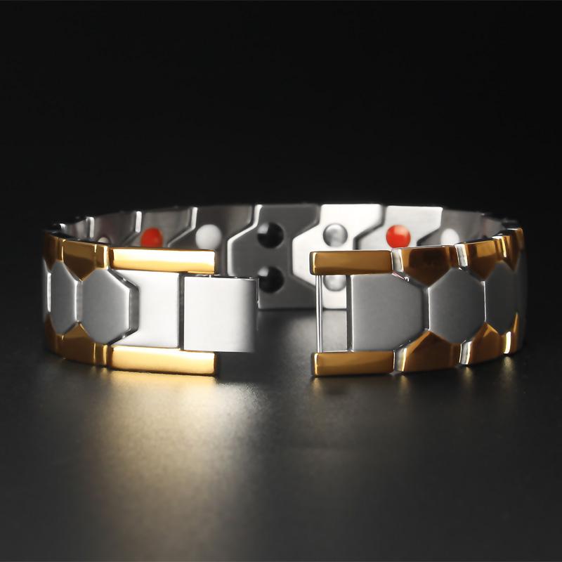 18MM Wide 4 In 1 Magnetic Therapy Man Bracelet For Pain Relief Indian Male Jewelry Gold Color Stainless Steel Men's Bracelets