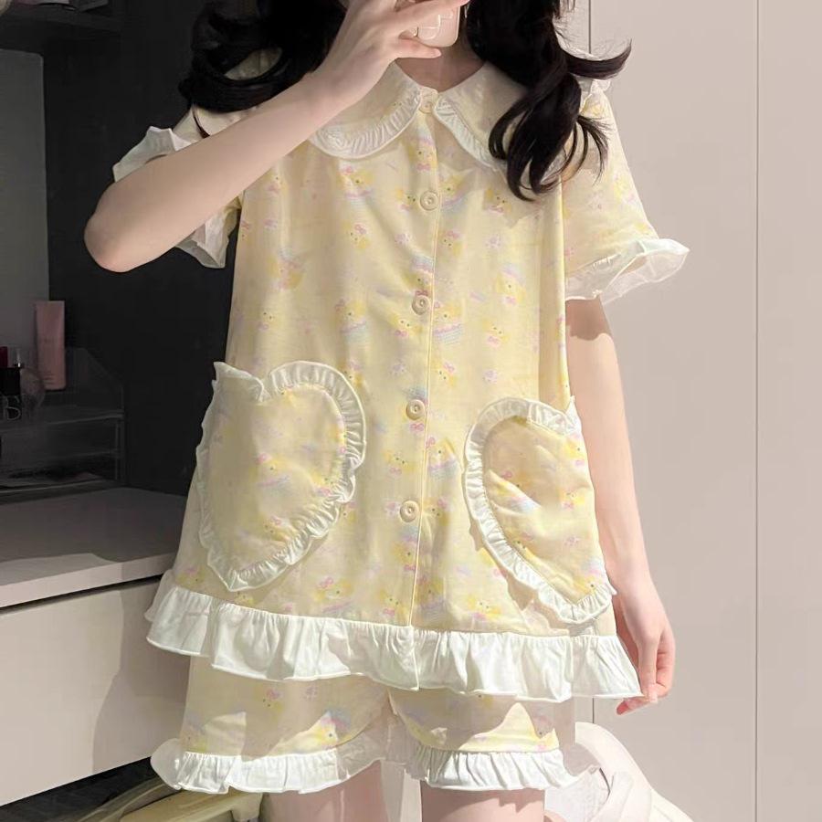 

Yellow lace cake pajamas women s summer new cute student short-sleeved shorts loungewear suit can be worn outside S recommended weight 35-40kg