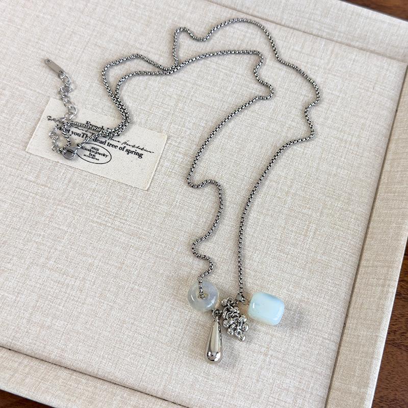 Natural Stone Necklace with Water Droplet Pendant for Women Adjustable Long Sweater Chain