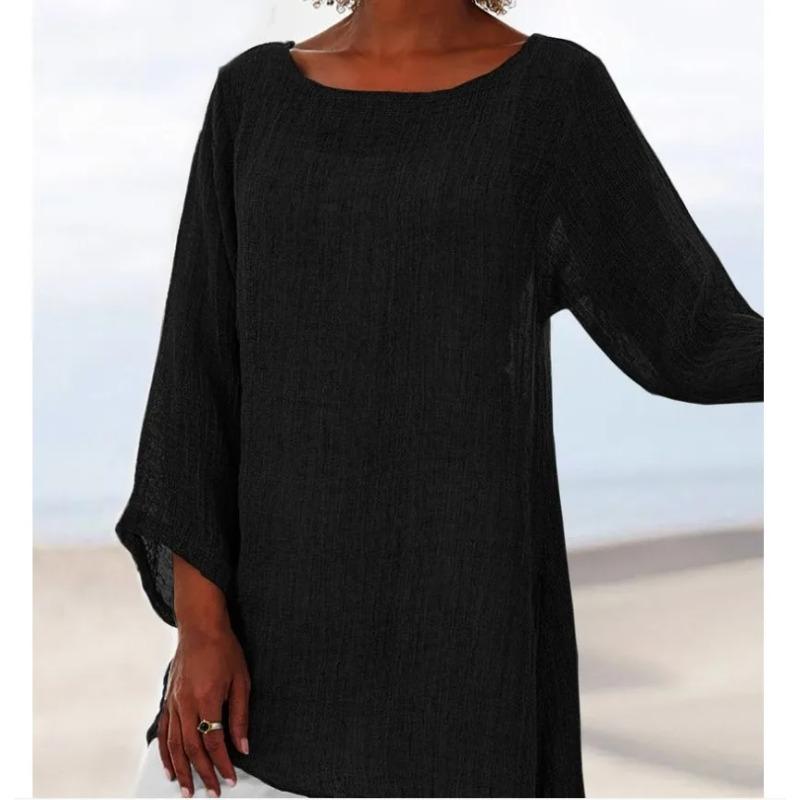 

Blouse Women Solid Color Linen O Neck Long Sleeve Irregular Tunic Spring Summer Oversized Shirts XS