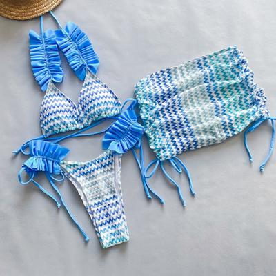 3 Pcs/Set Women Bikini Set Color Matching Lace-up Halter Neck Shirring Pleated