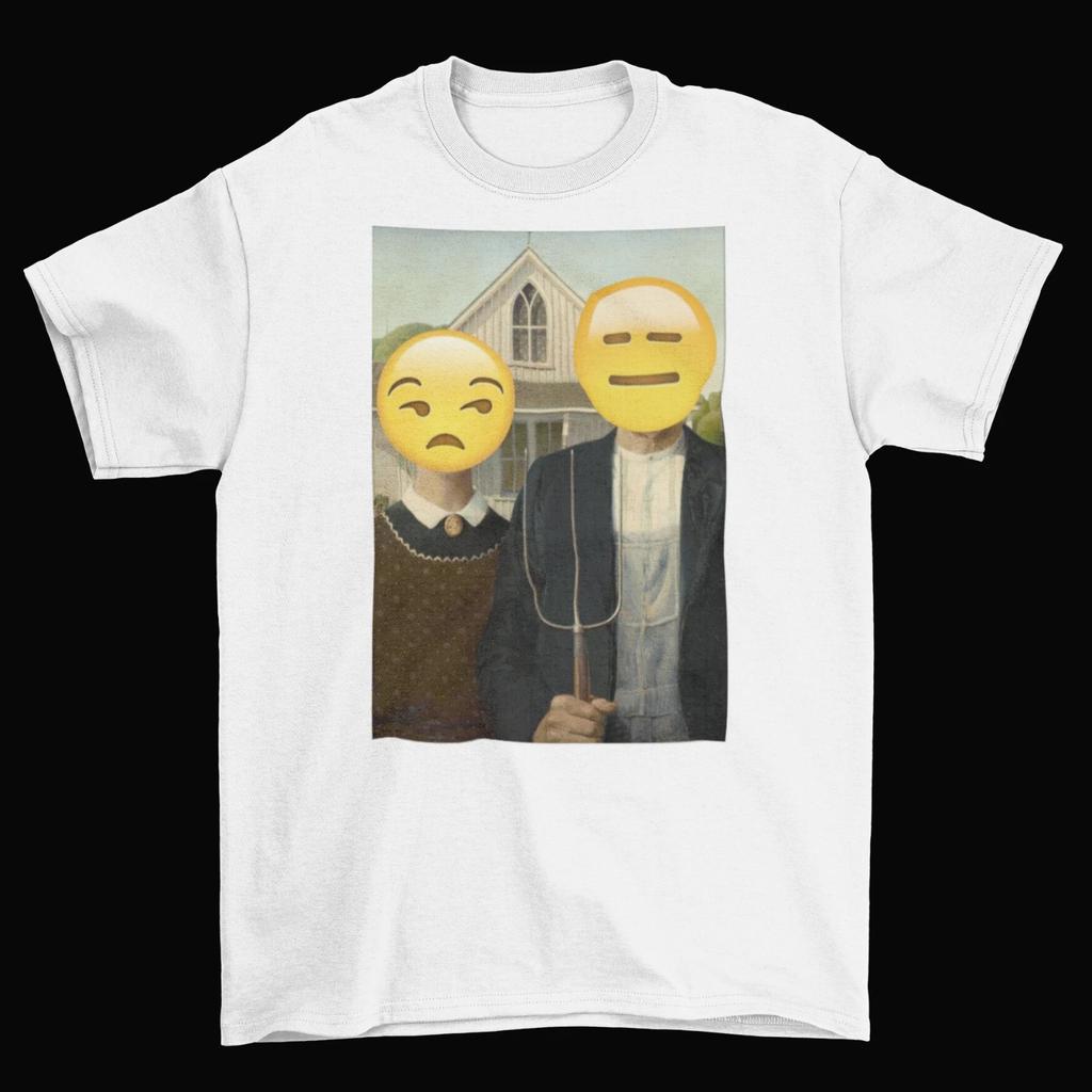 American Gothic Emoji T-Shirt Unisex Cotton Adult Grant Wood Painting Art New