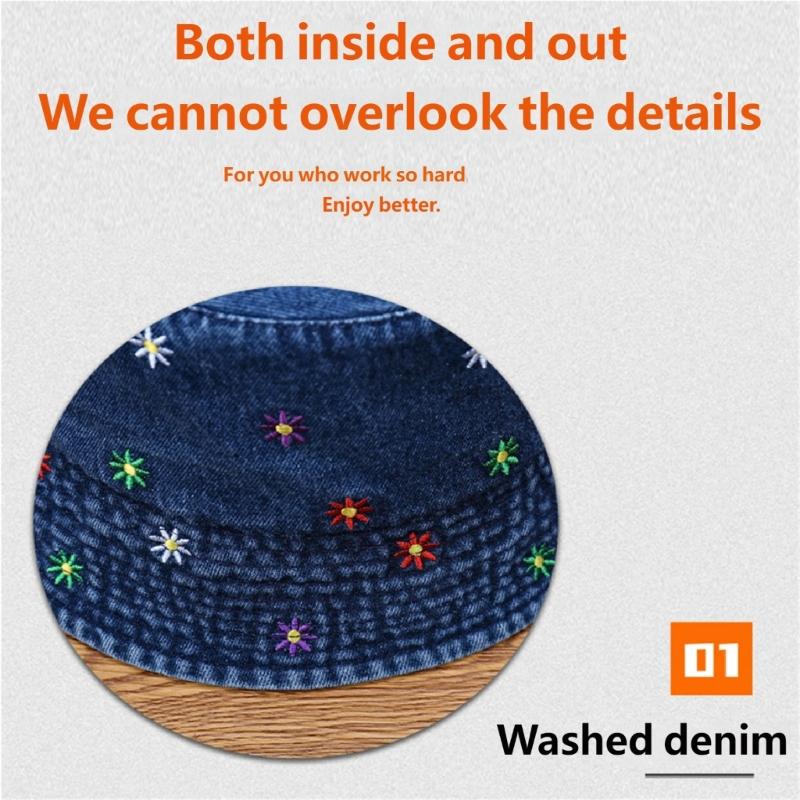 Stylish Jeans Flower Pattern Bucket Hat Extended Edge Shade Guard Unisex Warm Season Shore Hat for Various Occasion