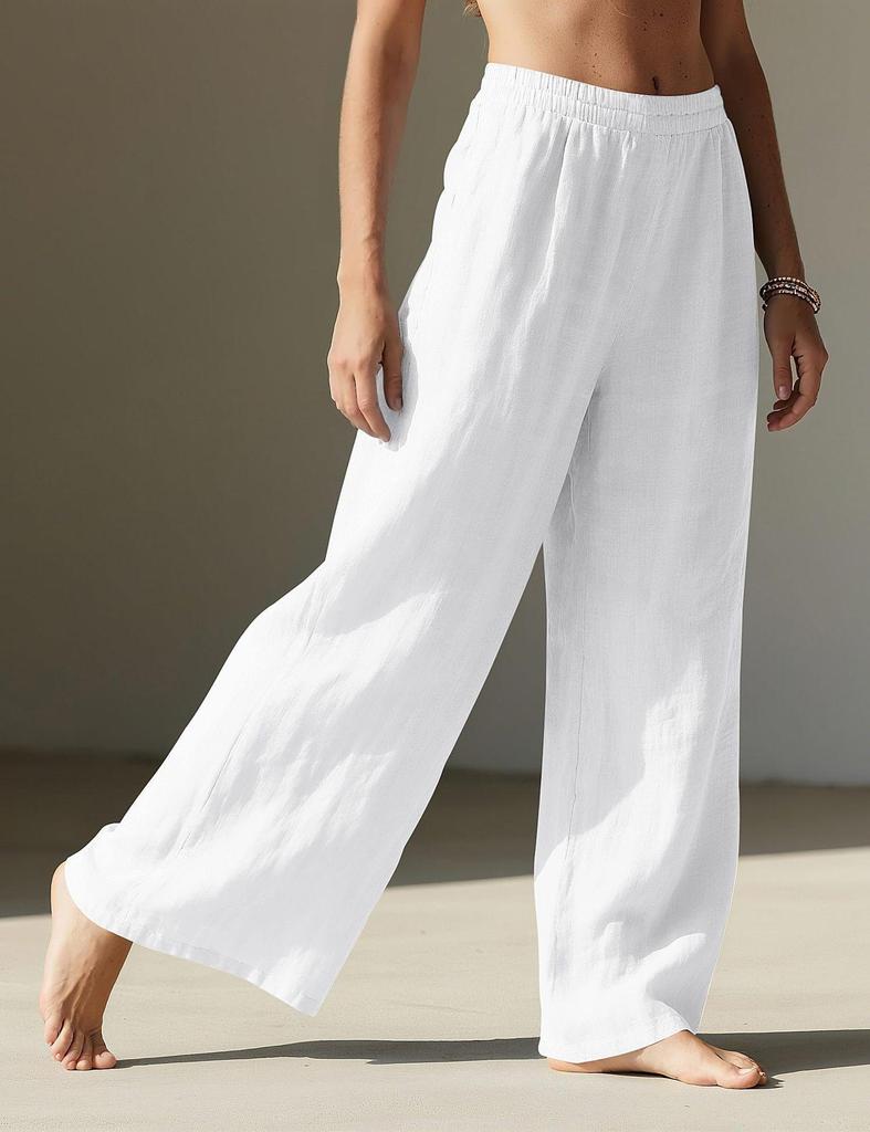 Women's Flowy Linen Wide-Leg Pants - Summer Beach Travel Wear with Elastic Waist & Pockets