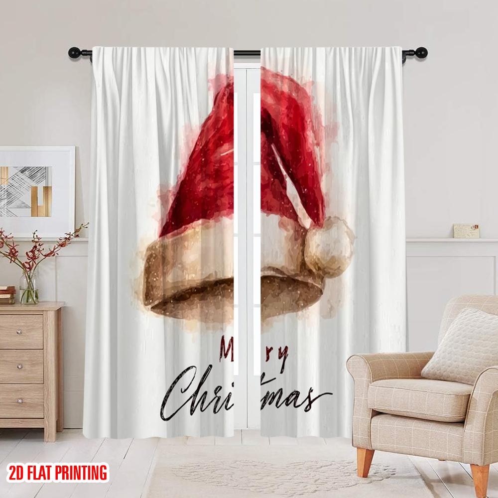 2pcs,2D Plane Printing Curtains&Window Treatment Vintage Santa Hat Versatile Fabric (without Rod) Art Deco Festive Use for