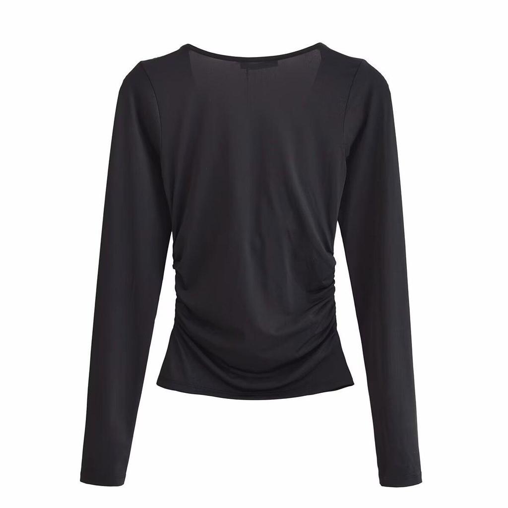 Autumn 2024 Women's European & American Style Versatile Pleated Long-Sleeve Drape Top