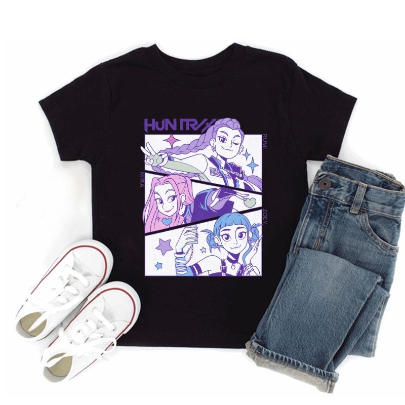 Hot Sale Kpop Demon Hunters Print Fashion Kids T-shirt Baby Boys Girls Clothes Summer Children Cotton Short Sleeve Black T shirt