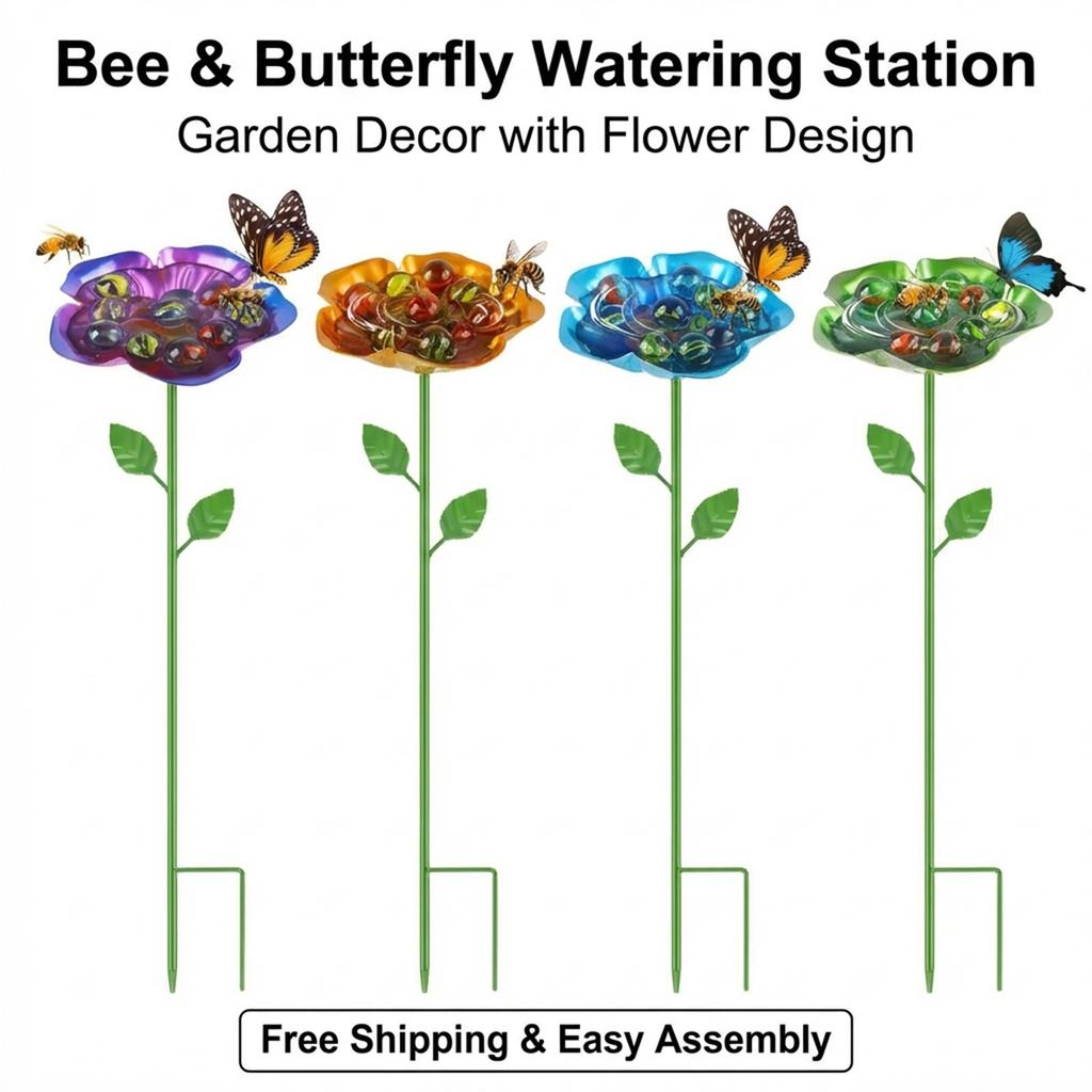Outdoor Courtyard Wrought Iron Bee Butterfly Water Dispenser, Flower Four Color Set, Bird Feeder, Garden Decoration Ornament, Flower Ground Insert