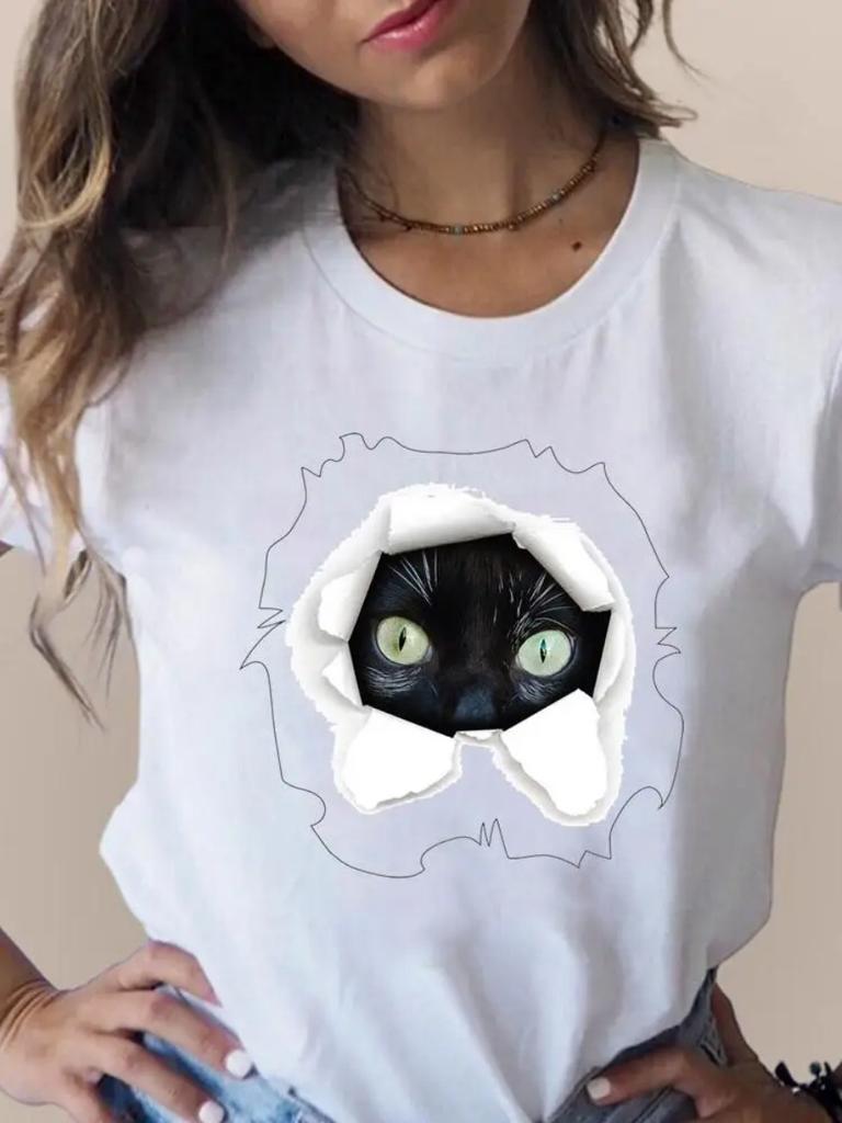 Summer Plus Size Print T Fashion 3D Cat Lovely Trend Cute Women's Clothing Short Sleeve Clothes Summer T-shirts Ladies Graphic Tee