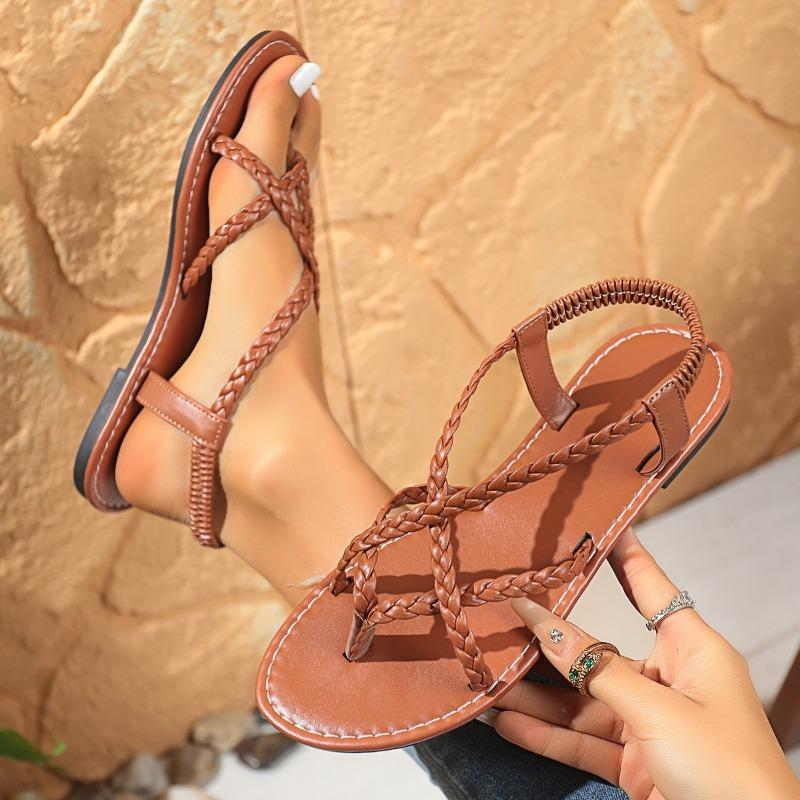 Women's Summer Flat Solid-Color Woven Thong-Style Outdoor Sandals, Casual Comfort Footwear.