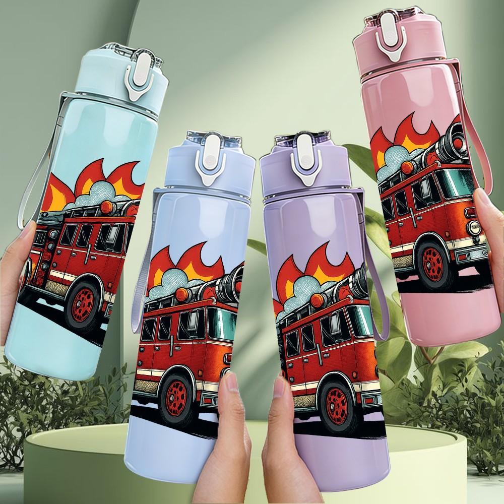 1PC Fire Truck Flame Silhouette 750ml Color Plastic Sports Water Bottle Leakproof Flip Straw Lid Suitable for Sports Office Home Use