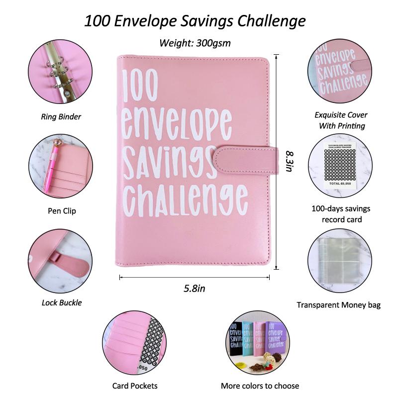 Custom Logo Lovers 100 Envelope Money Saving Challenge Loose-Leaf Budget Binder A5 PU Leather Storage Book with Kawaii PVC Cover