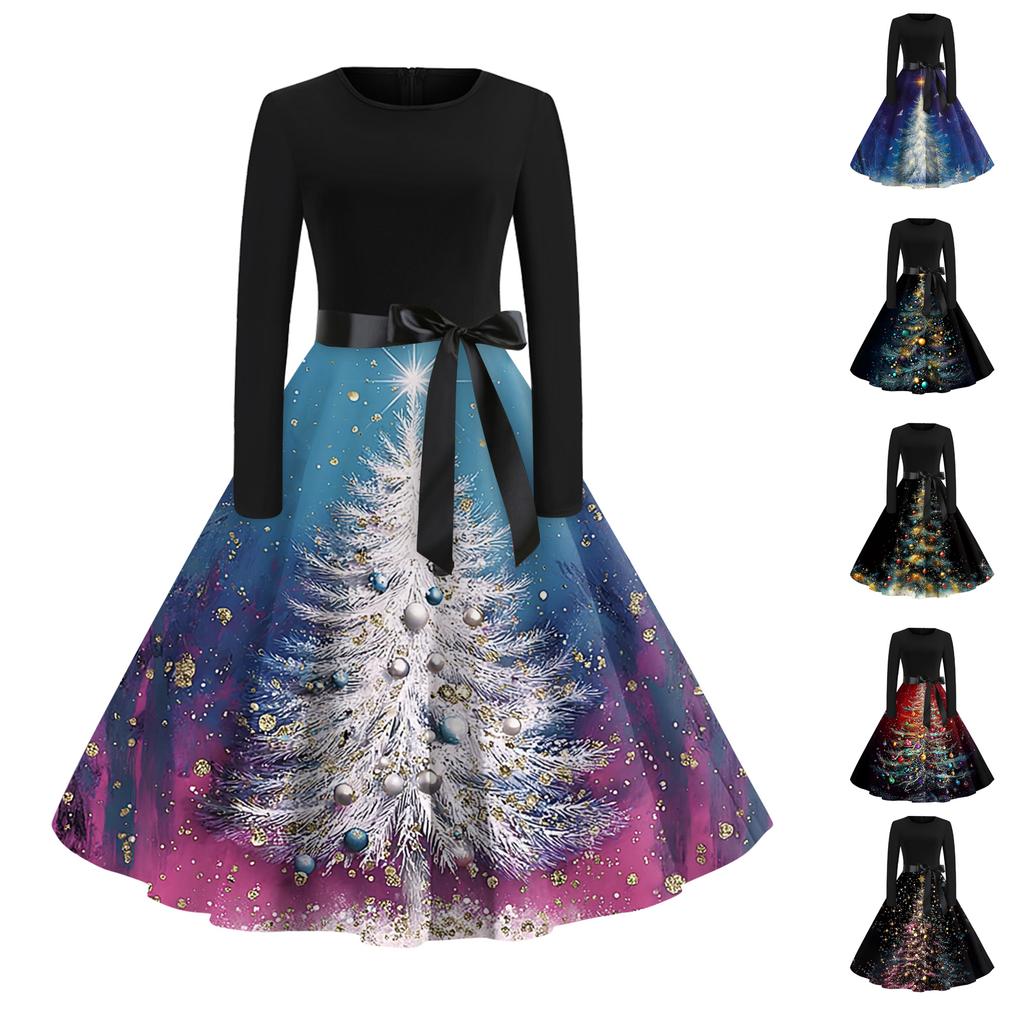 Women's Fashionable And Elegant  Winter Long-sleeved Christmas Tree Print Dress