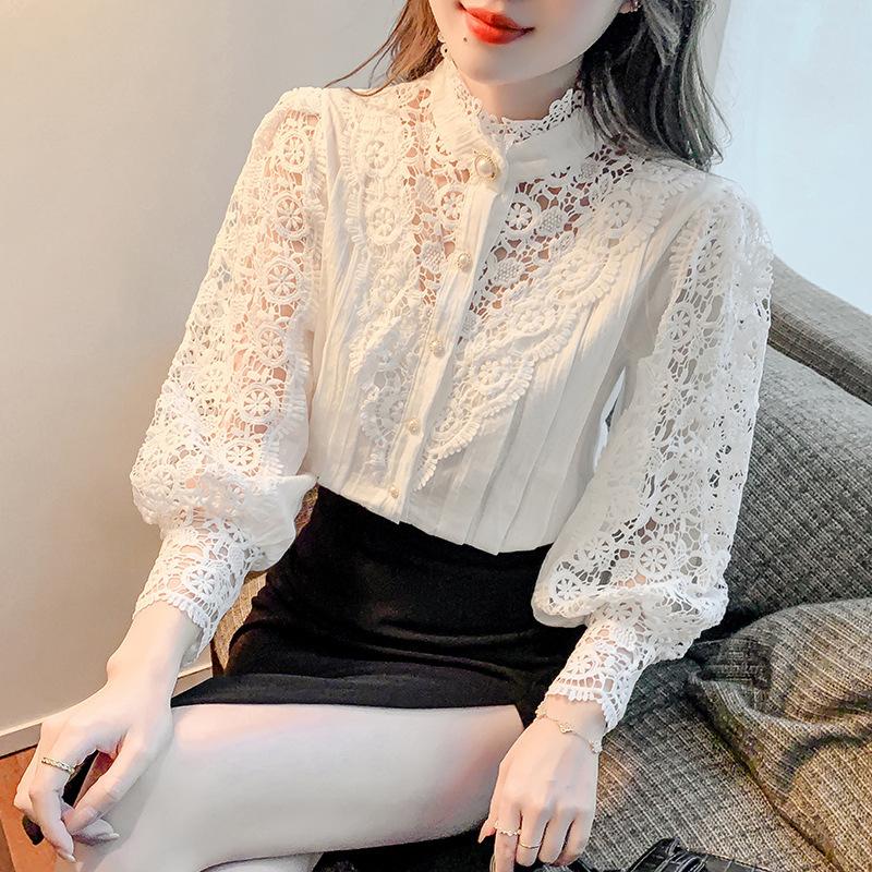 GMXIA Autumn Winter Fashion Hollowed-out Shirt Lace Base Shirt Women's Ruffled Half High Neck Shirt Woman