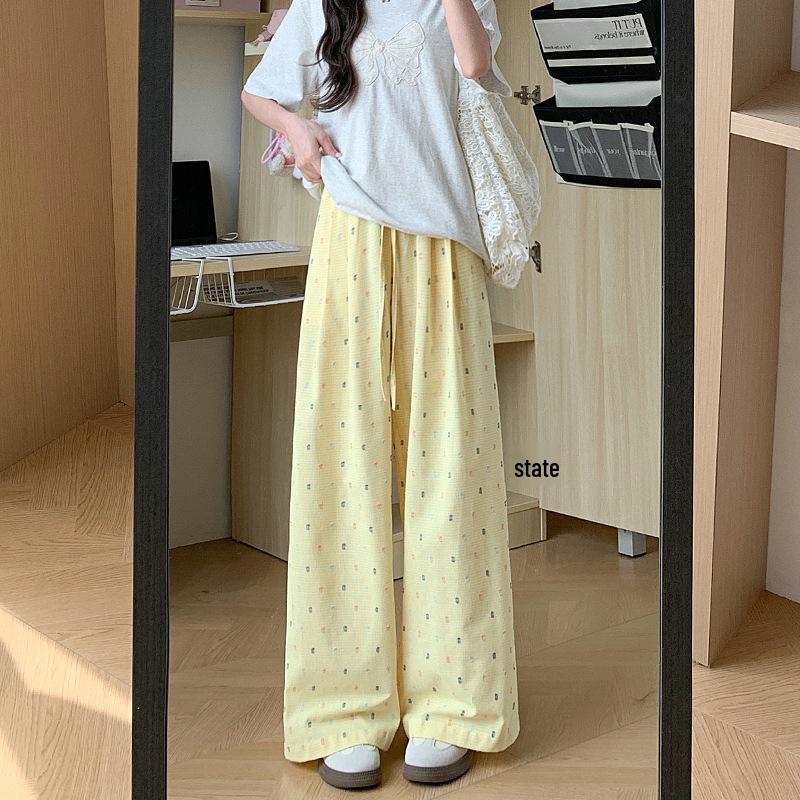 

Women s Yellow Polka Dot Wide-Leg Pants - Spring/Summer 2025, High Waist, Loose Fit, Casual Drapey Style. XS: 60-79 jin