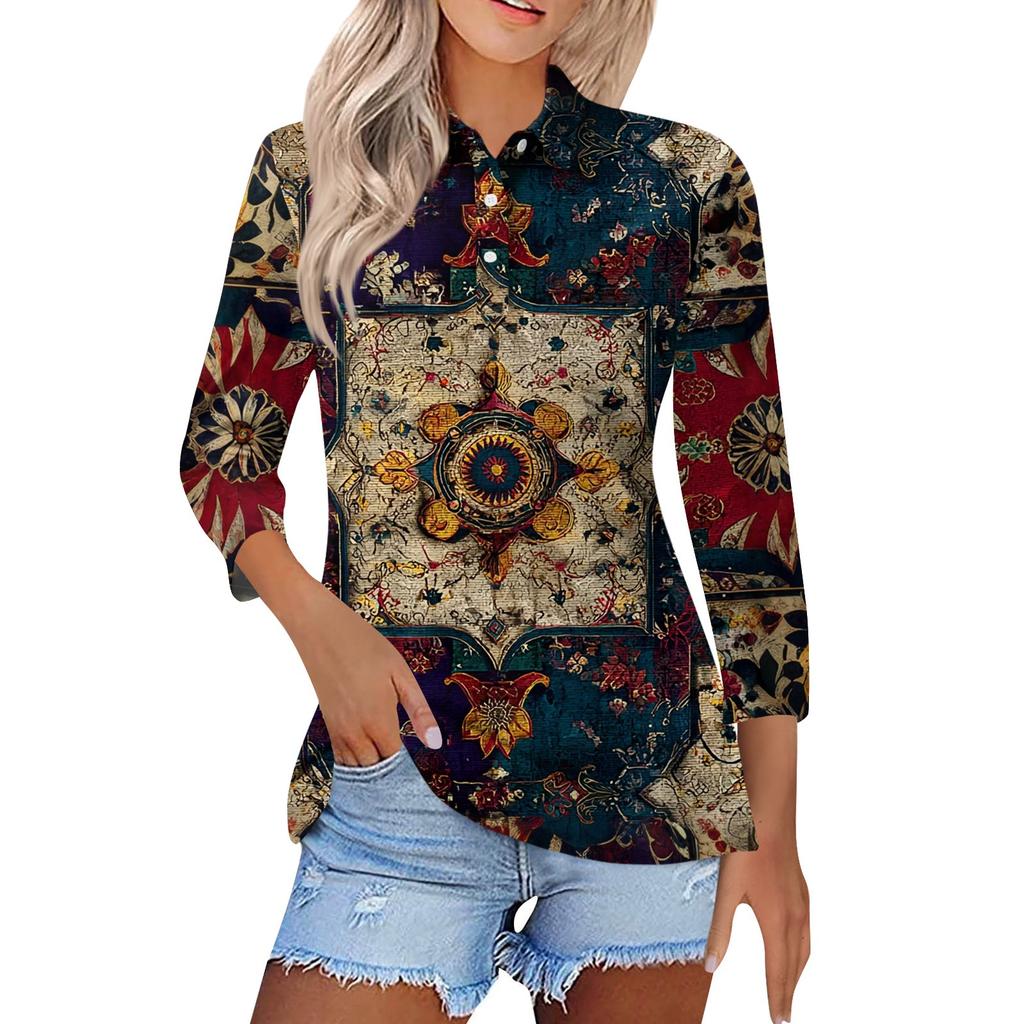 Women's Fashion Casual Lapel Short 3/4 Sleeve Print Shirt Women's Button Up Tops