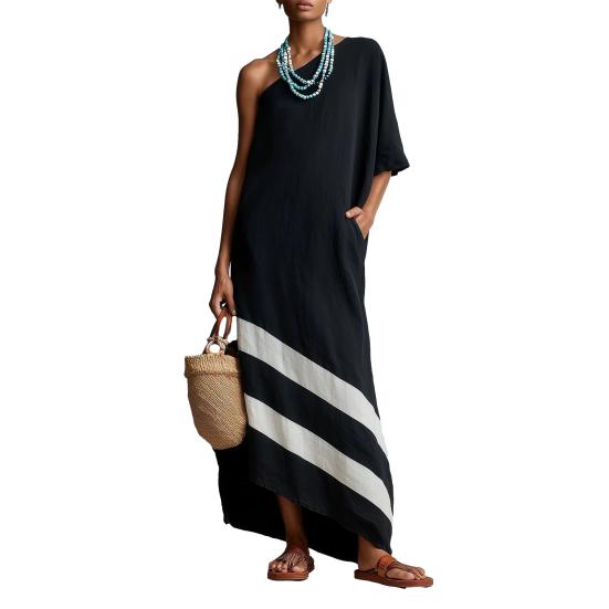 Women One Shoulder Maxi Block Casual Dress Color Loose S чёрный