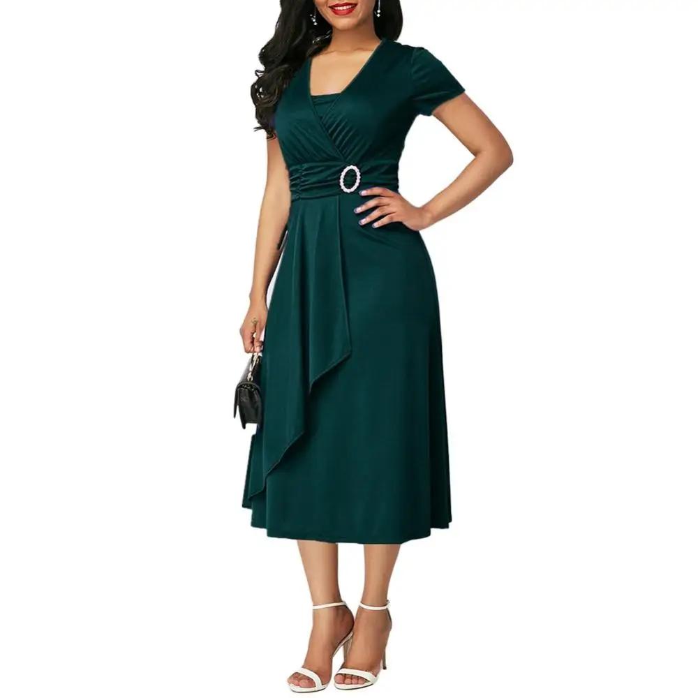 

Elegant Women Solid Color Summer Dress Short Sleeve V Neck Black Dress Birthday Maxi Party Dresses Ladies Evening Vestidos 2XL зелений
